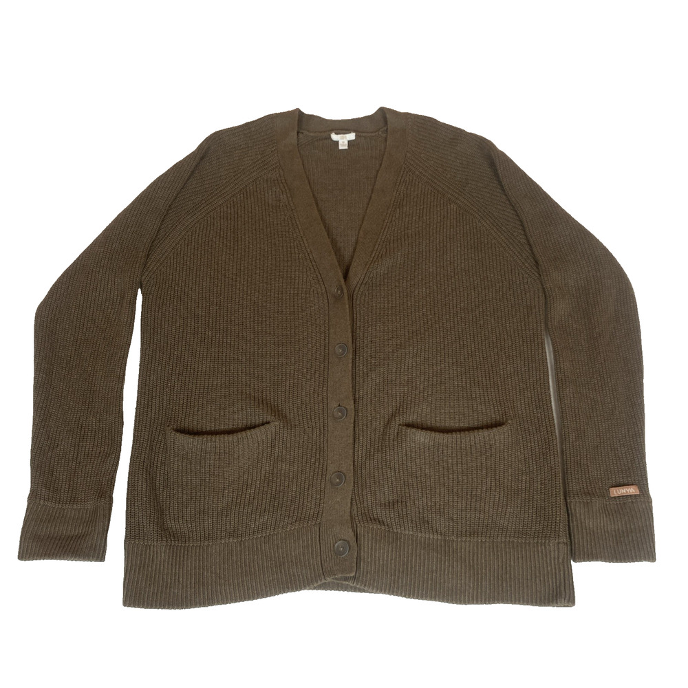 Lunya Organic Cotton Chunky Ribbed Knit Sweater Olive Brown Cardigan Medium
